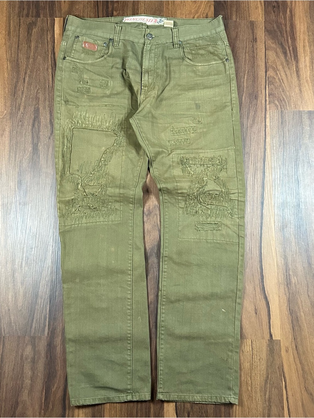 Y2K Winchester American legend olive green patch work jeans. 36”
